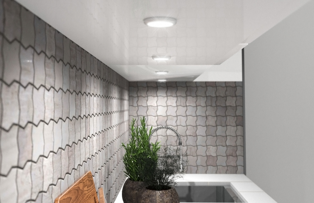 Kitchen countertop illuminated by LED downlights (angle 2)