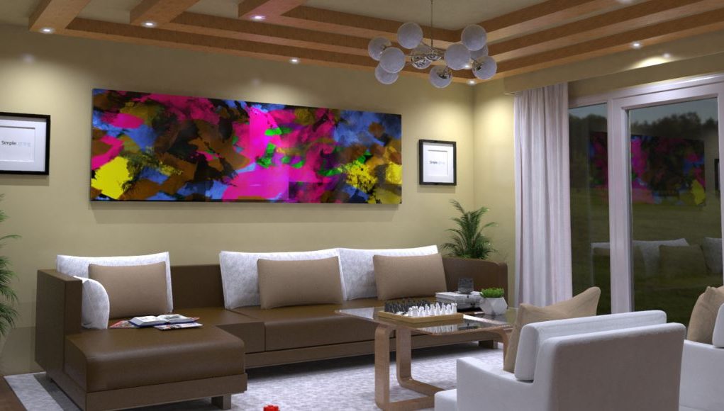 Living room with an L-shaped sofa and colourful painting on the wall and a hanging chandelier at the center.