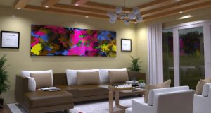 Living room with an L-shaped sofa and colourful painting on the wall and a hanging chandelier at the center.