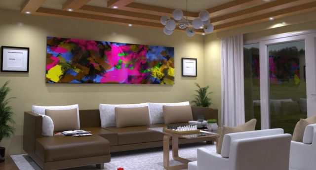 Stylish Ceiling Lights for Your Living Room Living room with an L-shaped sofa and colourful painting on the wall and a hanging chandelier at the center.