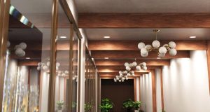 Hallway with exposed wood beams and a series of pendant lights and downlights.