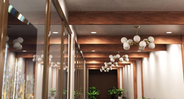 Hallway & Staircase Ceiling Lighting Ideas to Welcome Your Guests Hallway with exposed wood beams and a series of pendant lights and downlights.