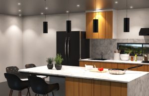 A kitchen with multiple downlight and four pendant lights.