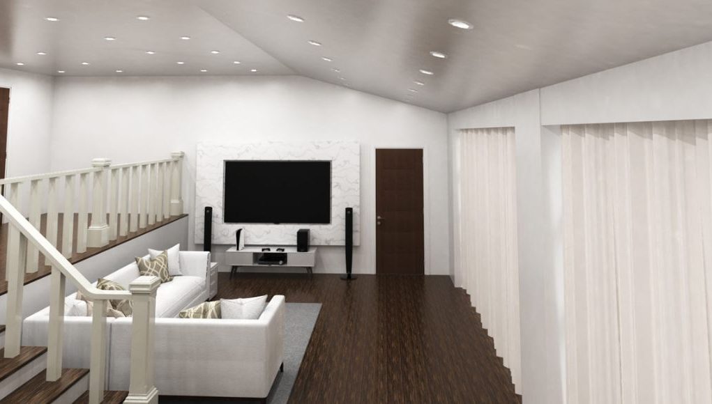 A living room with a low ceiling.