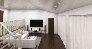 A living room with a low ceiling.