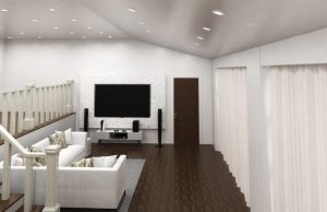 A living room with a low ceiling.
