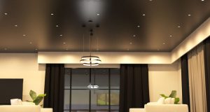 Living room illuminated by LED downlights (angle 1)