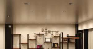 Living room illuminated by LED downlights (angle 1)