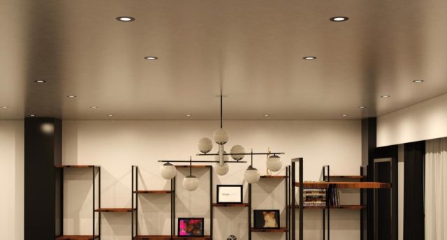Energy-Efficient & Smart Ceiling Lighting Solutions Living room illuminated by LED downlights (angle 1)