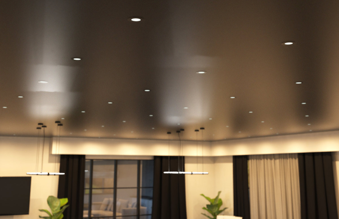 Living room illuminated by LED downlights (angle 2)