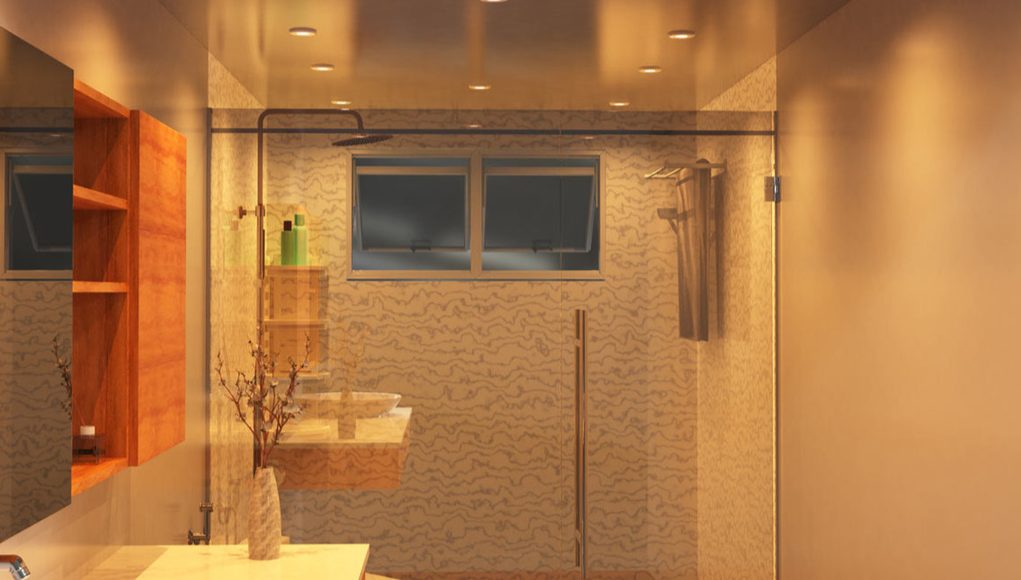 Bathroom illuminated by 300K LED downlight (angle 1)