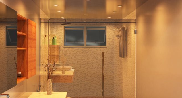 Bathroom Ceiling Lighting Ideas: Safe, Bright & Beautiful Bathroom illuminated by 300K LED downlight (angle 1)