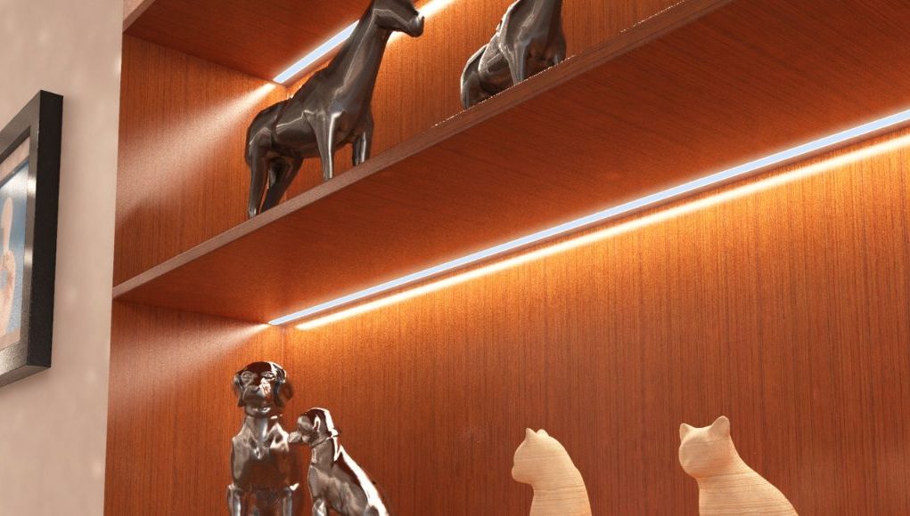 Controller Driver 1 Wooden shelves with different animal figurines and installed strip lights.