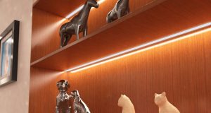 Wooden shelves with different animal figurines and installed strip lights.