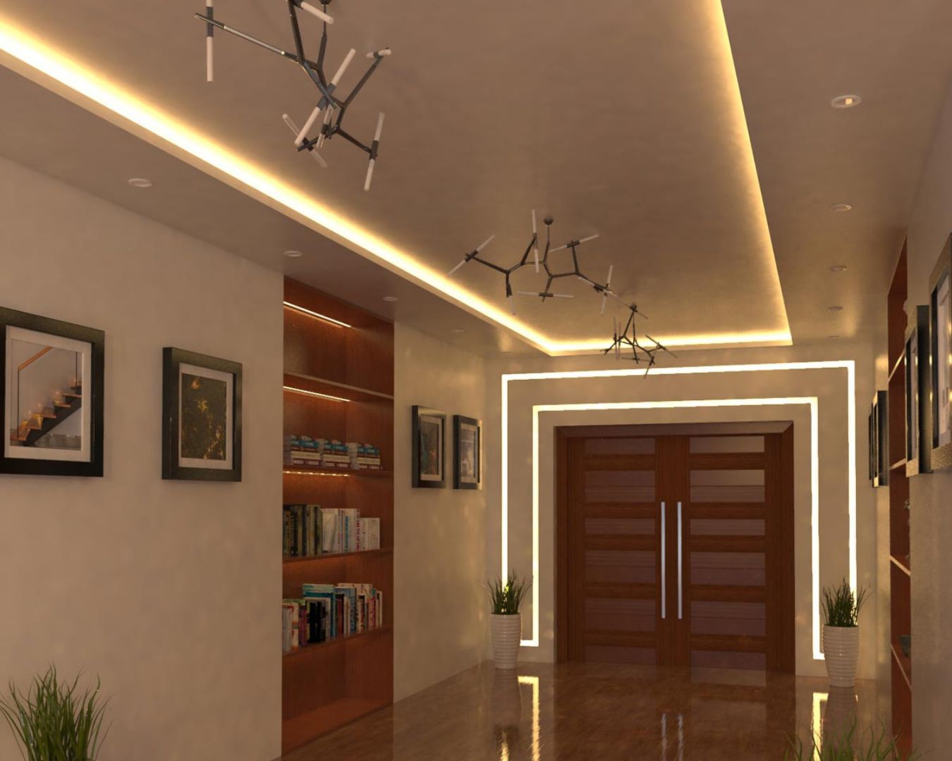 A hallway with strip lights installed on the wall by the door and the ceiling coves.