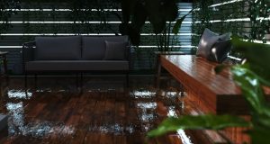 An outdoor deck that's wet from rain with multiple strip lighting on the perimeter wall.
