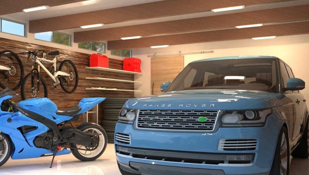 Garage with LED batten lights (angle 1)