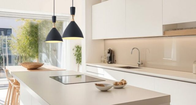 A modern kitchen with an island and two hanging pendants over it.