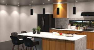 A modern kitchen with an island and multiple recessed ceiling lights and pendant lights hanging from the ceiling.