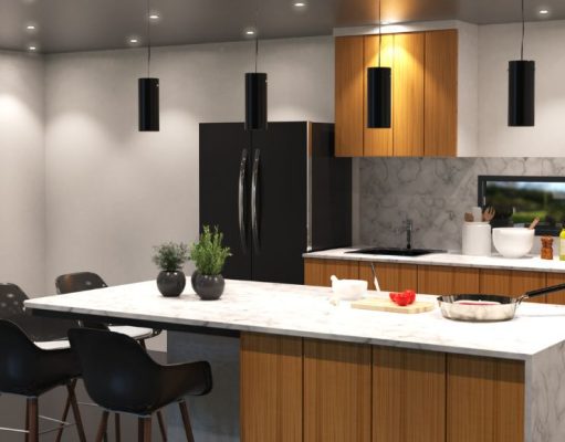 A modern kitchen with an island and multiple recessed ceiling lights and pendant lights hanging from the ceiling.