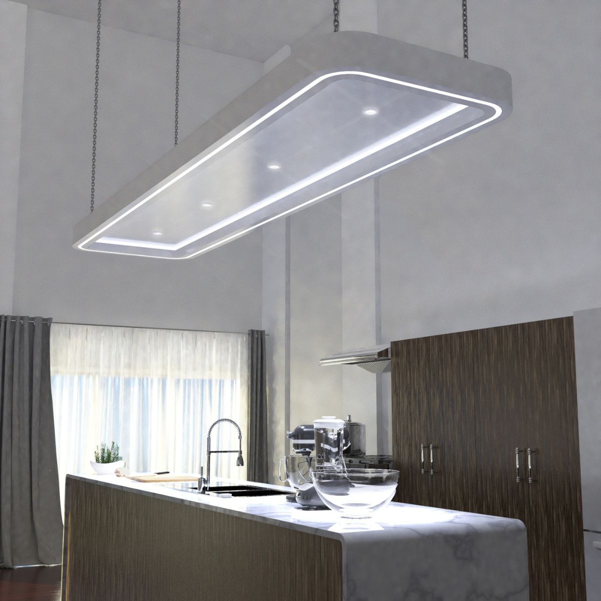 A kitchen island sink with a massive hanging LED light fixture above it.