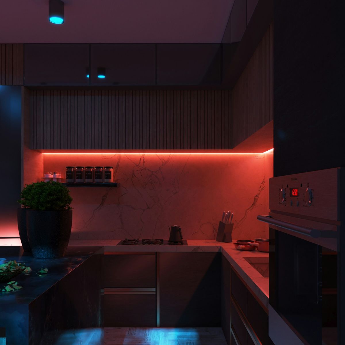 A dark kitchen illuminated only by a red under-cabinet LED strip light and blue surface-mounted lights
