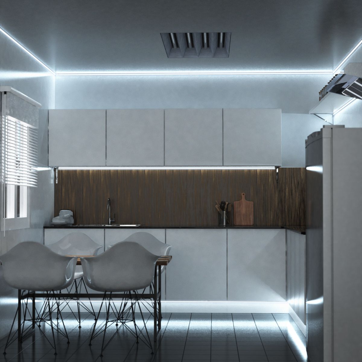 A kitchen-dining area with multiple LED strip lights on the floor, under cabinets, and ceiling.