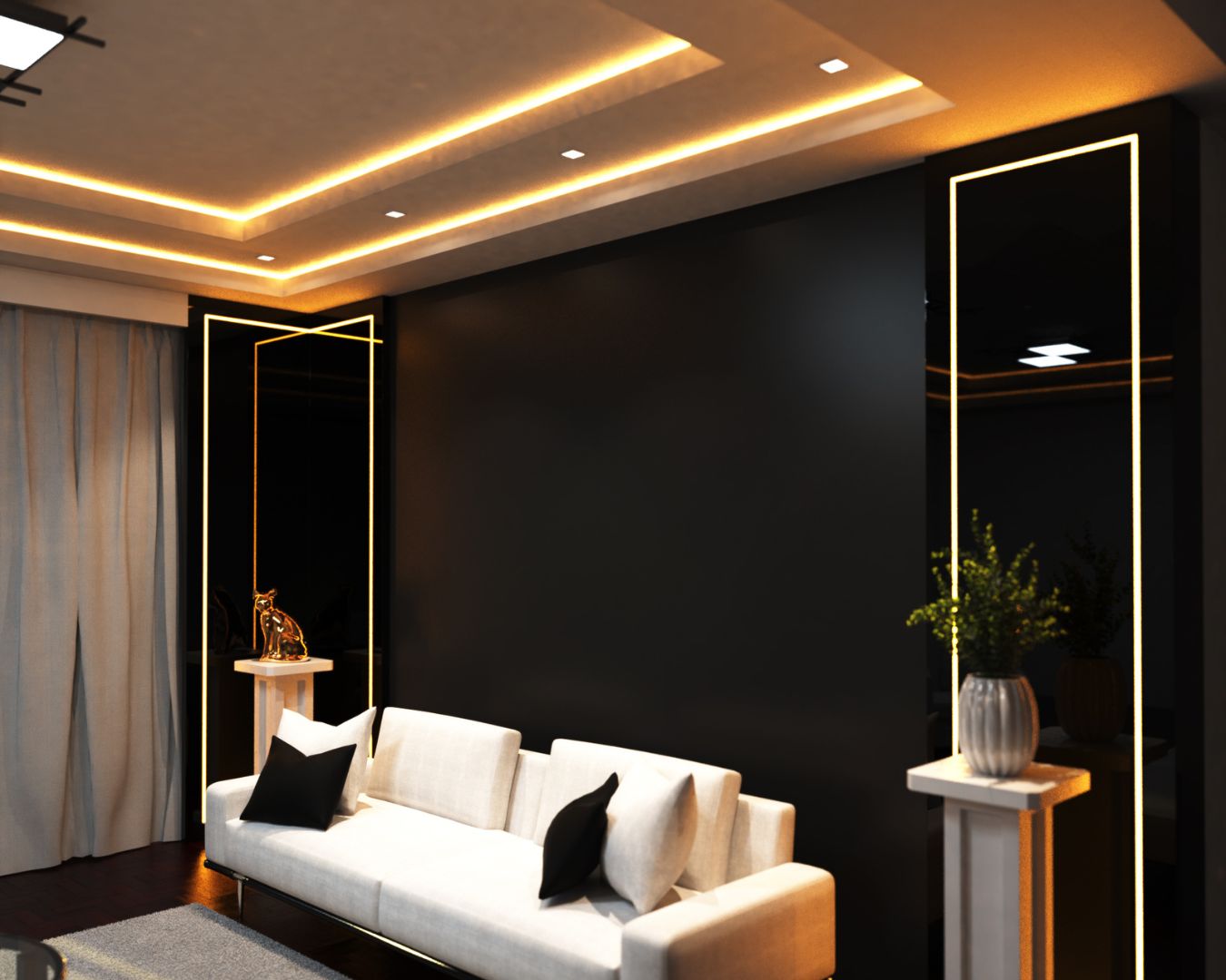 A living room with dark walls and warm LED strip lighting on the wall and ceiling.