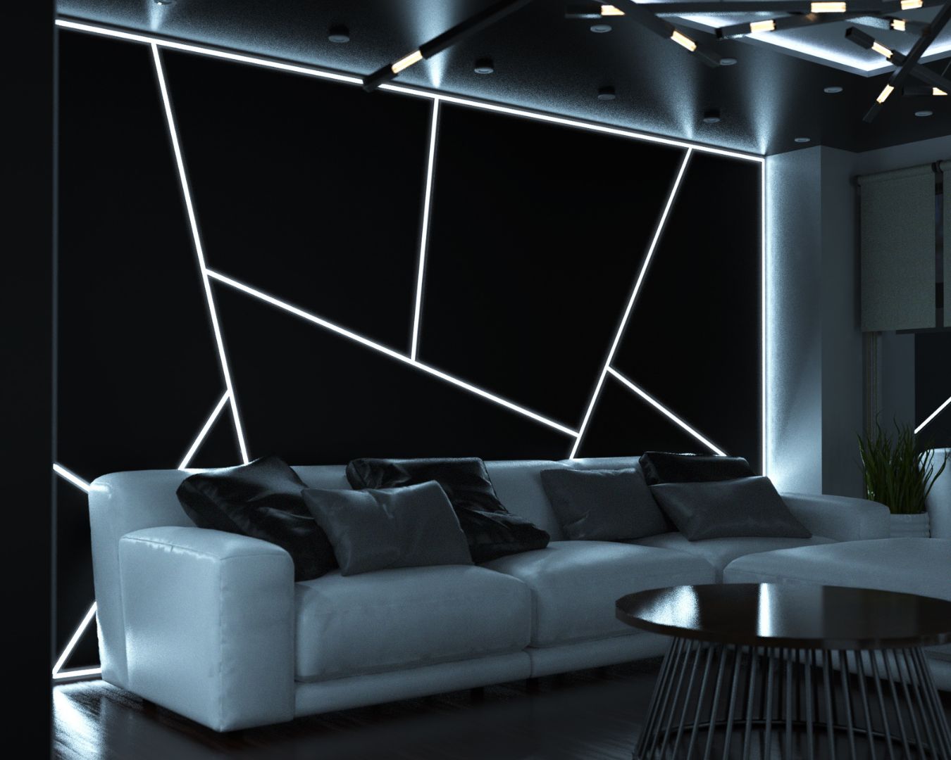 Living room grey sofa with a dark feature wall at the back using LED strip lights in profiles.