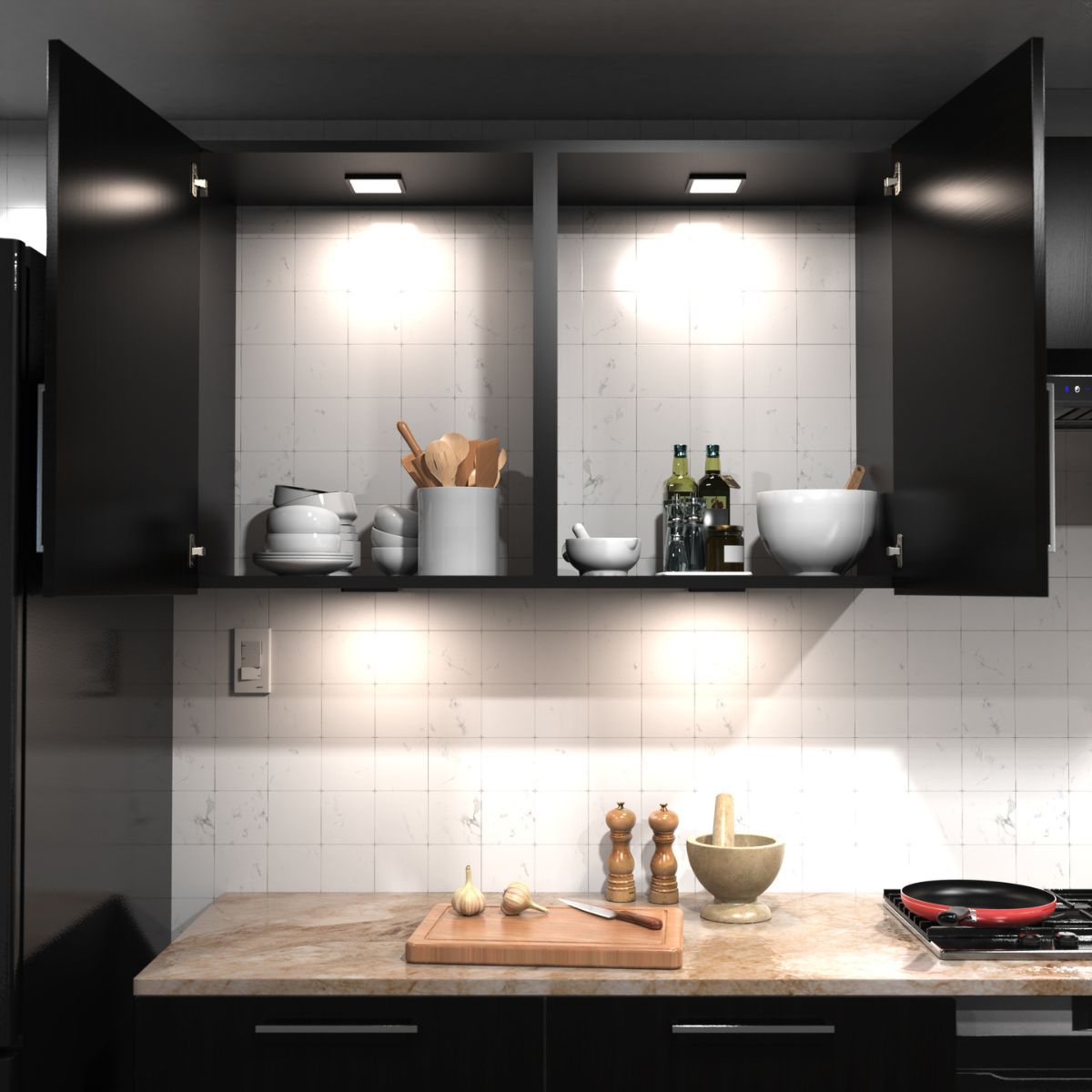 A kitchen countertop with an open cabinet above it. Lights are glowing under and inside the cabinet.