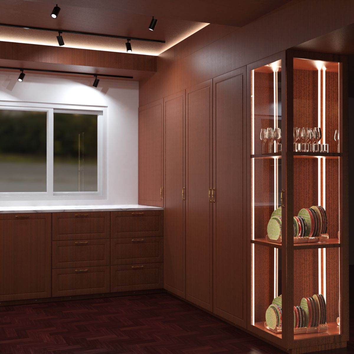 A wood-themed kitchen with smooth surfaces, and an illuminated shelf on the right with plates and glasses on each level.