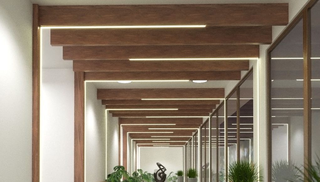 Power Supply 1 A hallway with wooden beams with LED strips installed along them.