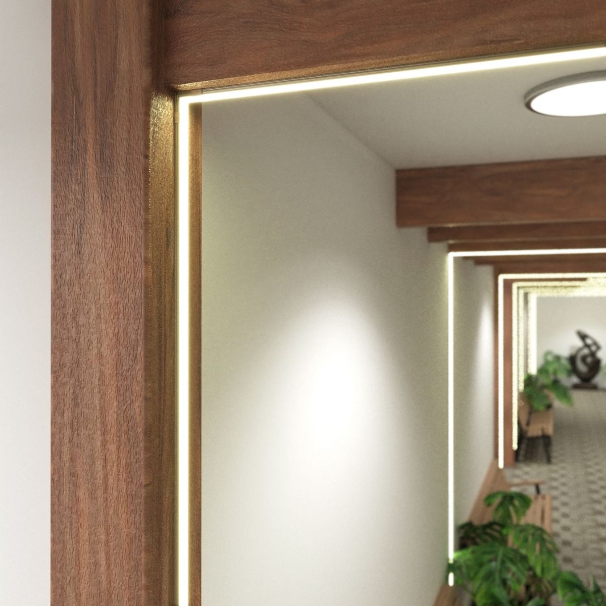 A close up of an LED strip light installation on a wooden post+beam.