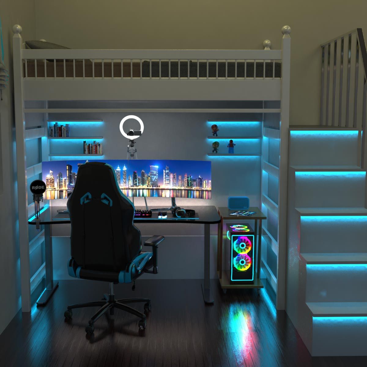 A gaming room with a bunk bed and a gaming setup below it, the steps and the shelves on the wall has strip lights installed.