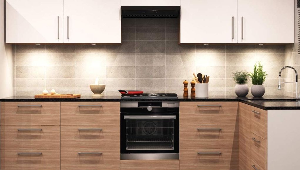 Small Kitchen 1 A modern kitchen with wooden cabinets and wall cabinets with lights.
