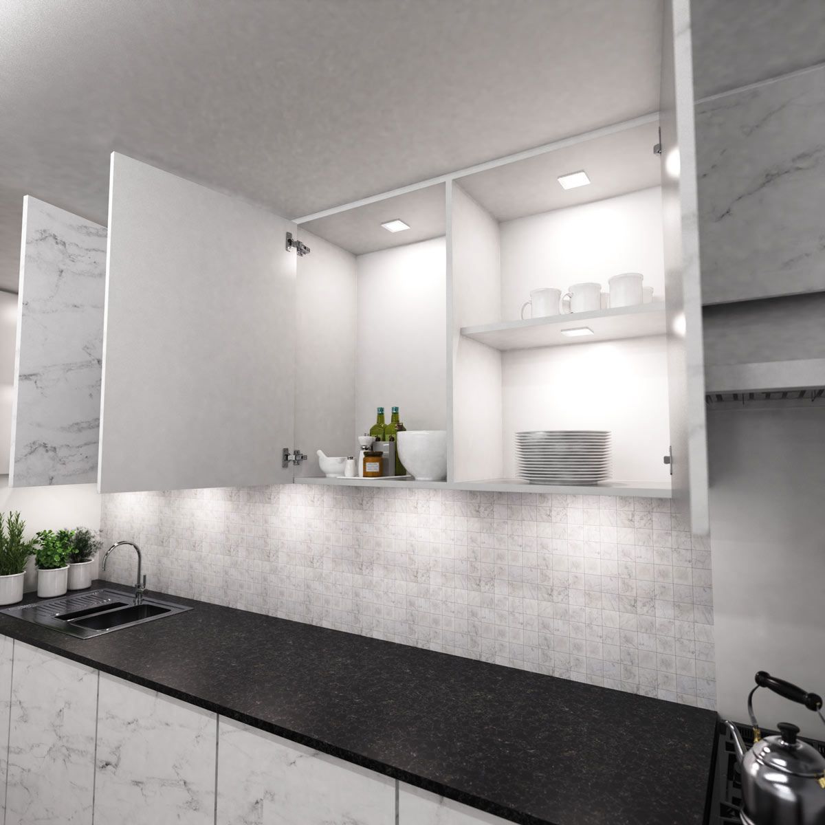 An white wall cabinet with doors wide open showing an inside that is lit by LED lights.