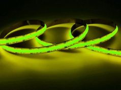 How to Control Your LED Strips with Apps & Voice A lit up yellow-green strip light in a dark room.