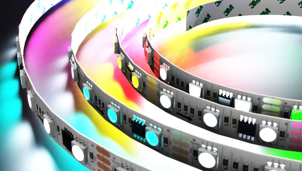 A digital LED strip with different colour nodes.