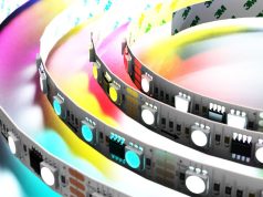 A digital LED strip with different colour nodes.