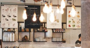 Image of a cafe menu with multiple warm light bulbs hanging from the ceiling.