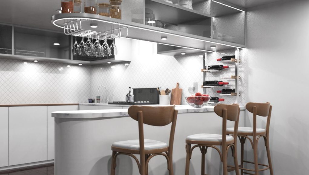A kitchen with a bar counter and three chairs beside it, multiple under cabinet lights are illuminating the space.