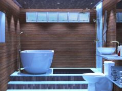 Modern Bathroom Lighting Ideas for a Sleek Look A modern bathroom with wooden walls, an elevated bath and shower, toilet, and sink all visible in single space.