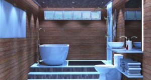A modern bathroom with wooden walls, an elevated bath and shower, toilet, and sink all visible in single space.