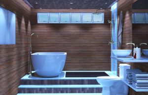 A modern bathroom with wooden walls, an elevated bath and shower, toilet, and sink all visible in single space.