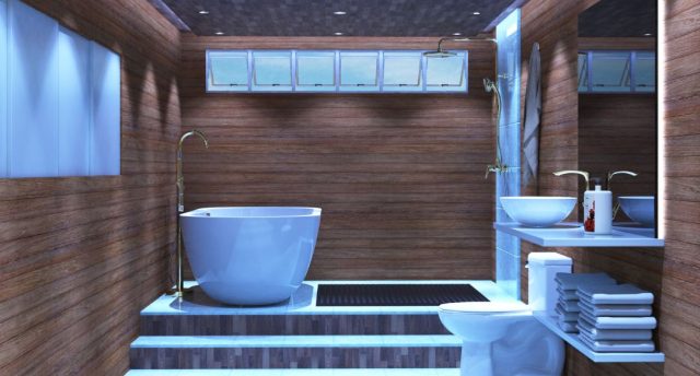 Modern Bathroom Lighting Ideas for a Sleek Look A modern bathroom with wooden walls, an elevated bath and shower, toilet, and sink all visible in single space.