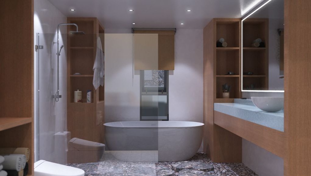 A modern bathroom with wooden cabinets and sink area, the bath tub and shower area are behind a glass wall.