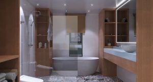 A modern bathroom with wooden cabinets and sink area, the bath tub and shower area are behind a glass wall.