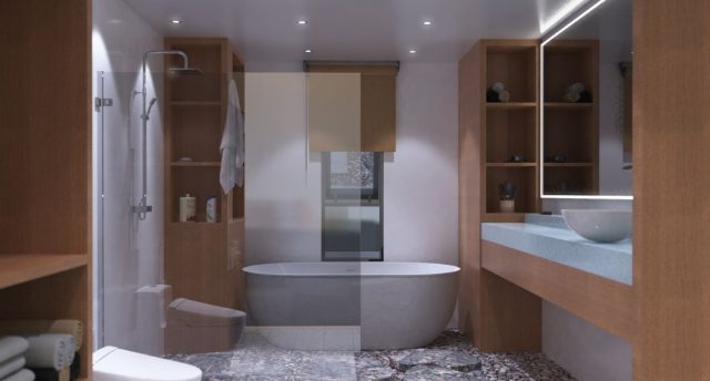 Avoid These Common Bathroom Lighting Mistakes A modern bathroom with wooden cabinets and sink area, the bath tub and shower area are behind a glass wall.