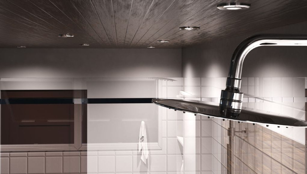 Best Bulb 1 A closeup of a showerhead in the foreground, multiple downlights on the wooden ceiling, and the upper part of the bathroom walls.