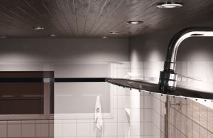 Best LED Bulbs for Bathrooms: Brightness, Colour & Efficiency A closeup of a showerhead in the foreground, multiple downlights on the wooden ceiling, and the upper part of the bathroom walls.